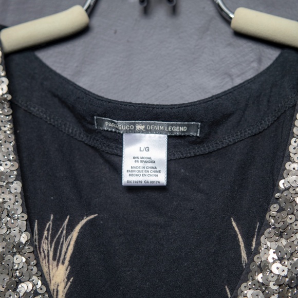 Black Parasuco V Neck Sequinned Top Sz LG - Picture 5 of 5